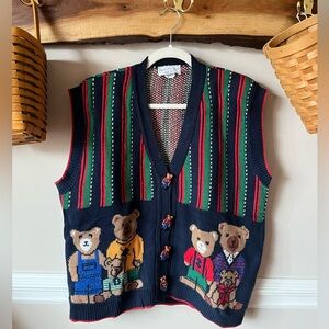 Vintage 90s Y2K Sweater Loft Bears Family Vest Ralph Lauren Inspired Holiday